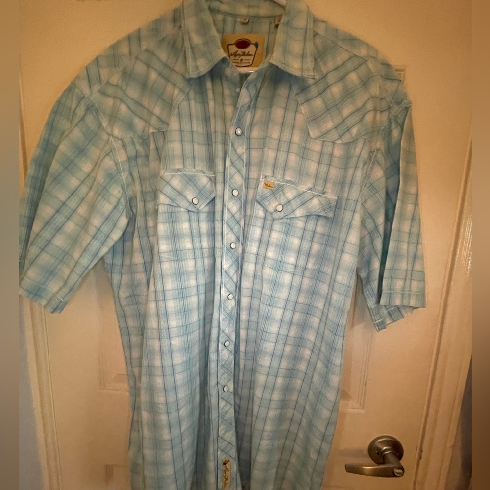 Wrangler Light Blue Checkered Casual Shirt Vintage western pearl snap